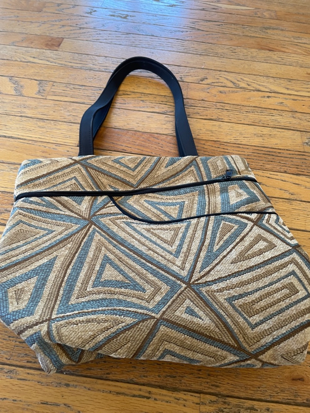 Canvas Geo-Pattern Tote Bag in Beige, Blue & Brown